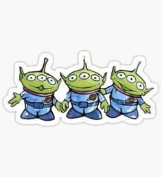 three green alien stickers with eyes and antennae on their heads, standing next to each other