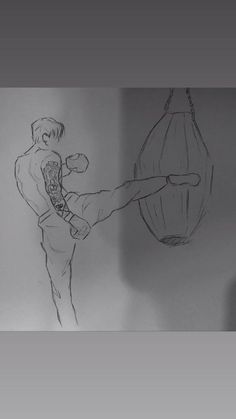 a drawing of a man hitting a punching bag with his right hand in the air