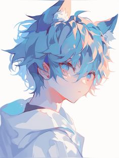 an anime character with blue hair and cat ears on his head, looking to the side