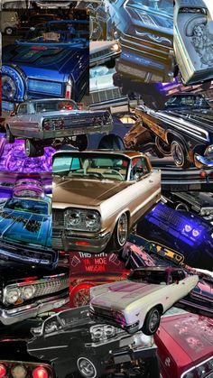 a collage of old cars and trucks all in different colors, shapes and sizes