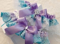 "Lavender Turquoise Bridal Garter Set, Purple Wedding Garter Set, Blue Garter Set, Garter For Bride, Garter Belt For Wedding, Personalized Make your wedding day even more special with this two piece bridal garter set. Using a tape measure, simply measure around your thigh in the spot where you will be wearing the garter (usually about 4\" above your knee). Use that measurement as a guide to select the correct size for your garter. Please measure your thigh carefully to select the correct size. A Elegant Turquoise Wedding Sets, Turquoise Fitted Wedding Sets, Blue Lace Wedding Sets, Bride Garter, Wedding Garter Blue, Blue Garter, Bridal Garters Set, Wedding Personalized, Wedding Garter Set