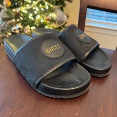 These Are A Pair Of Authentic Men’s Gucci Gg Slides. They Are A Gucci Size 10. Please Refer To Gucci Website For Us Conversion.. They Are In Excellent Shape. Only Worn A Few Times. Gucci Black, Gucci Shoes, Flip Flop Sandals, Flip Flops, Shoes Sandals, Slides, Men's Shoes, Size 10, Man Shop