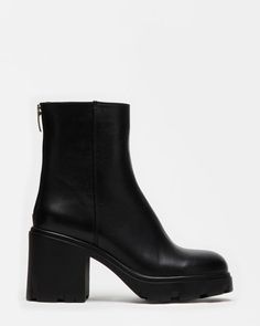 GOUCHO Black Leather Lug Sole Ankle Bootie | Women's Booties – Steve Madden Black Leather Booties Outfit, Black Chunky Boots, Pretty Halloween, Black Platform Boots, Black Heel Boots, Leather Wear, Everyday Shoes, Halloween 2024, Window Shopping