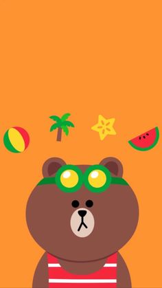 a brown bear wearing sunglasses standing next to a watermelon and palm tree on an orange background