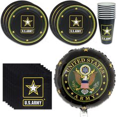 an army themed party pack includes plates, cups and napkins with the us army emblem on them