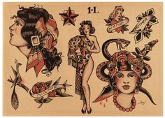 an old school tattoo flash sheet with women and tattoos on it's sides, from the early 1900's