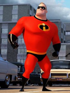 the incredible mr incredible is standing in front of some cars