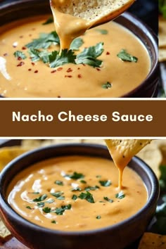 nacho cheese sauce in a bowl with tortilla chips