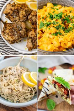 four different pictures of food including chicken, pasta and salad with lemons on the side