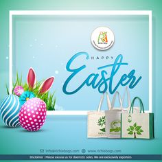 an easter greeting with colorful eggs and bunny ears on the grass in front of a blue background