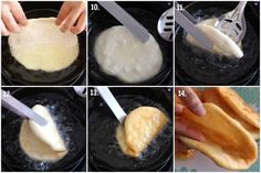 four pictures showing how to make an omelet in a skillet with breadsticks