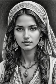 a black and white drawing of a woman with long hair wearing a headdress