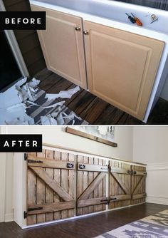 the before and after pictures of an unfinished kitchen countertop with barn doors on it