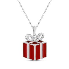 Check their name off Santa's list with this jolly Christmas present necklace, a perfect stocking stuffer. Sterling silver The red enamel pendant is topped by a round-cut white lab-created sapphire-touched bow 18-inch cable chain with lobster clasp Enamel Jewelry For Gifts, Silver Jewelry For New Year Gift, Christmas Anniversary Pendant Necklaces, Red Jewelry Christmas Gift, Red Christmas Jewelry Gift, Red Jewelry For Christmas Gift, Red Jewelry For New Year Holiday, Valentine's Day Gift Jewelry In Enamel, Hallmark Necklace For Christmas And Anniversary