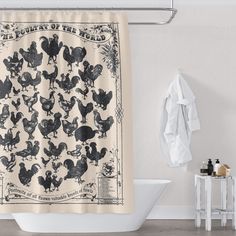 a shower curtain with black roosters on it