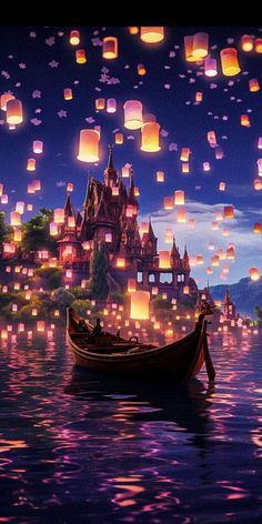 a boat floating on top of a body of water filled with lots of paper lanterns