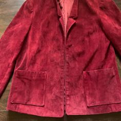 "Well tailored suede blazer with satin lining. Good condition, light wear as shown. Open front design with no closer, two pockets. Beautiful deep red color, unique find, no tag. 20\" armpit to armpit 17\" shoulder to shoulder 24\" sleeve 24\" back of collar to hem" Red Business Sport Coat With Pockets, Formal Red Sport Coat With Pockets, Suede Blazer, Cycling Cap, Mens Sport Coat, Deep Red Color, Sports Blazer, Red Suede, Small Photos