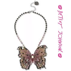 Brand New Authentic Never Used Betsey Johnson Hematite Tone Glitter & Stone Large Butterfly Statement Necklace, 16" + 3" Extender. Betsey Johnson Provides A Fashion Metamorphosis With This Beyond Stunning Glitter And Stone Large Butterfly Statement Necklace. Set In Hematite-Tone Mixed Metal. Approx. Length: 16" + 3" Extender; Approx. Drop: 3" Lobster Clasp Free Complimentary Box Ve Glamorous Pink Evening Necklaces, Pink Rhinestone Party Necklaces, Glamorous Pink Necklace For Party, Largest Butterfly, Betsey Johnson Jewelry, Butterfly Necklace, Mixed Metals, Things To Buy, Betsey Johnson