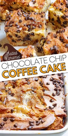 chocolate chip coffee cake in a pan with the title overlay above it and below