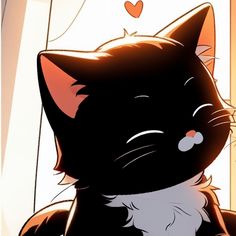 a black cat sitting on top of a window sill next to a red heart