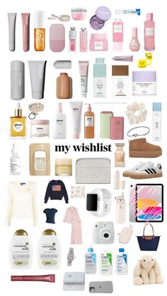 an assortment of personal care products arranged in the shape of a collage that says, my wishlist