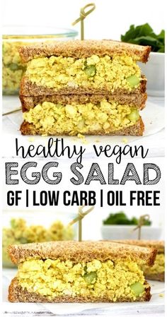 egg salad sandwich cut in half and stacked on top of each other with the text healthy vegan egg salad gf low carb oil free