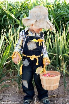 a little boy in overalls and a hat holding a basket with an apple inside