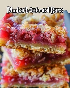 three pieces of rhubarb oatmeal bars stacked on top of each other