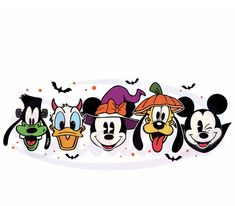 mickey mouse and other cartoon characters with bats on their heads, all wearing halloween costumes