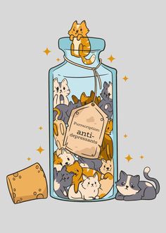 a jar filled with lots of cats next to a piece of cheese