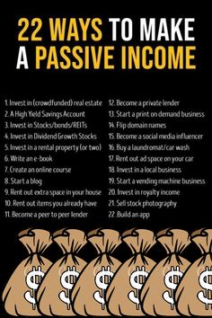 a poster with money bags and the words 22 ways to make a passive income statement