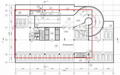 the floor plan for an office building, with red lines on it and blueprints