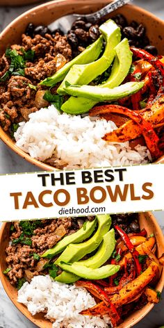 the best taco bowls with avocado, black beans, rice and meat