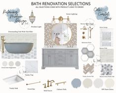 bathroom renovation selections including bathtub, sink, mirror and other items in shades of gray