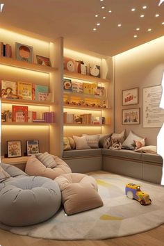 a child's room with toys and bookshelves on the wall, including a bean bag chair