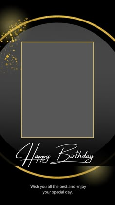 a black and gold happy birthday card with an image of a square in the center