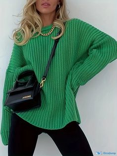 Orcajump - Solid Crew Neck Oversized Sweater, Casual Long Sleeve Drop Shoulder Sweater, Women's Clothing Trendy Green Winter Sweater, Oversized Casual Acrylic Outerwear, Casual Oversized Acrylic Outerwear, Green Knitted Crew Neck Outerwear, Green Knitted Casual Outerwear, Casual Green Knitted Outerwear, Trendy Solid Sweater For Cold Weather, Oversized Green Long Sleeve Sweater, Casual Green Sweater For Cold Weather