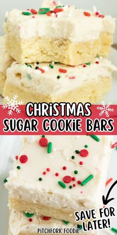 christmas sugar cookie bars with white frosting and sprinkles are stacked on top of each other