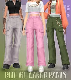 three females wearing cargo pants and crop tops with the caption bite me cargo pants