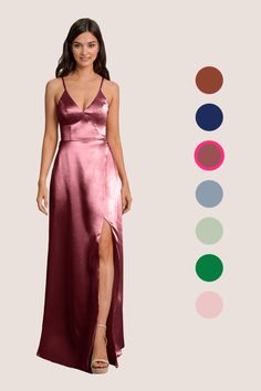 a woman in a long pink dress standing next to color swatches and the image shows an