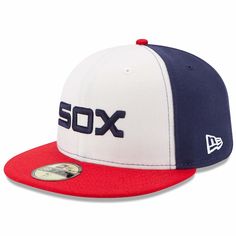 the new era hat is available in white, blue and red with an embroidered sox logo