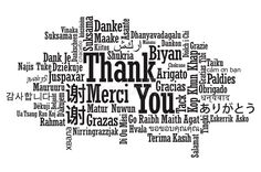 the word thank written in different languages on a white background with black and gray lettering