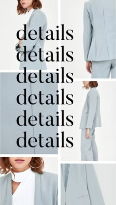 a woman in grey suit and white top with the words details details details details details details details