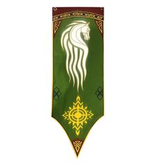 a green and gold banner with a horse on it's side, in the shape of a shield