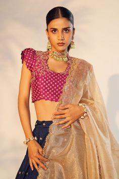 Navy blue linen silk lehenga with an attached cancan and zardosi hand embroidery. Comes with a magenta pink raw silk padded blouse and a gold tissue dupatta. - Aza Fashions Reception Tussar Silk Choli With Traditional Drape, Designer Tussar Silk Choli With Zari Work, Traditional Drape Tussar Silk Lehenga For Reception, Festive Tussar Silk Sets For Reception, Bollywood Tussar Silk Set For Reception, Reception Raw Silk Dupatta With Tilla Detail, Raw Silk Tilla Dupatta For Reception, Party Tussar Silk Choli With Zari Work, Navratri Tussar Silk Choli With Traditional Drape