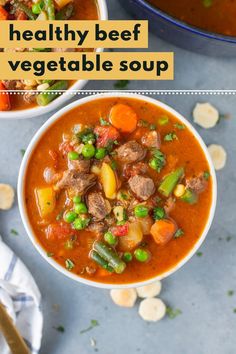 two bowls of beef vegetable soup with text overlay