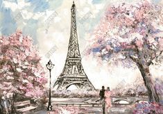 a painting of the eiffel tower in paris with pink flowers and trees around it