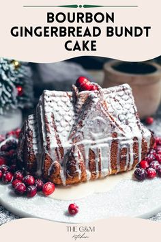 bourbon gingerbread bundt cake on a plate with cranberries