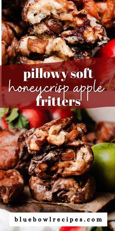 some food is stacked on top of each other with the words pillow soft honey crisp apple fritters