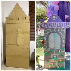 there are two cardboard castles made to look like children's play houses, one with a door and the other with a castle